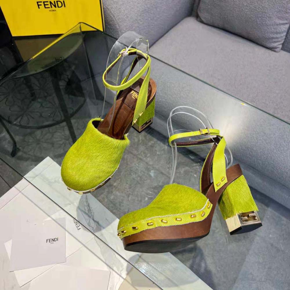 Fendi Women Baguette Show Green Pony Hair High-Heeled Clogs - image 5