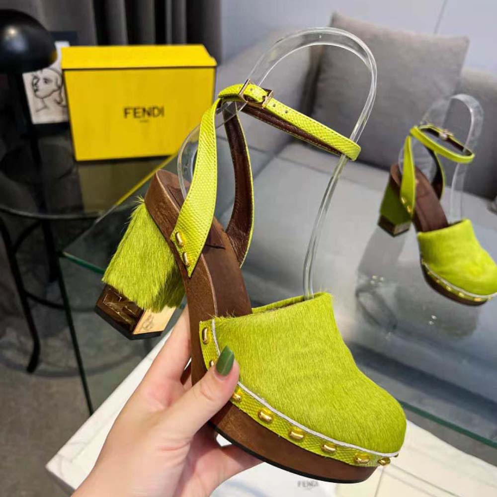 Fendi Women Baguette Show Green Pony Hair High-Heeled Clogs - image 4