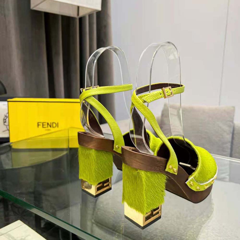 Fendi Women Baguette Show Green Pony Hair High-Heeled Clogs - image 7