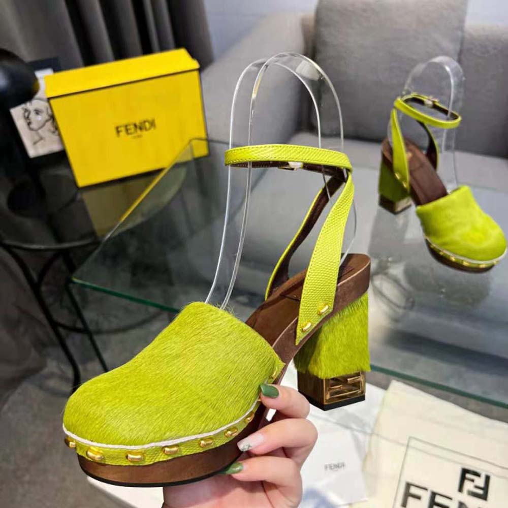 Fendi Women Baguette Show Green Pony Hair High-Heeled Clogs - image 6