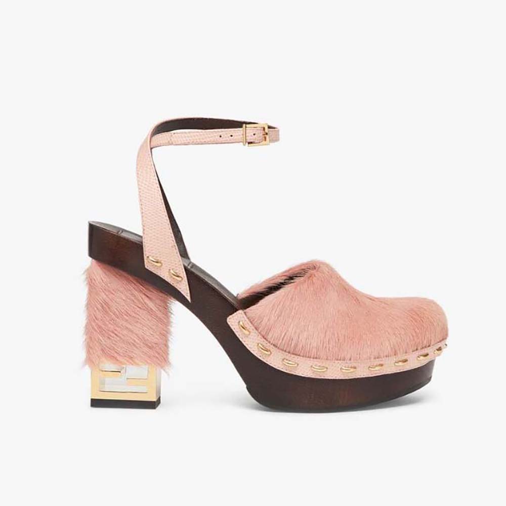 Side view of Fendi Women Baguette Show Pink Pony Hair High-Heeled Clogs
