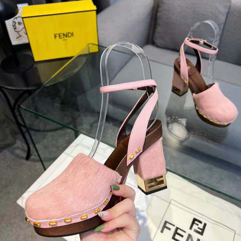 Fendi Women Baguette Show Pink Pony Hair High-Heeled Clogs - image 6