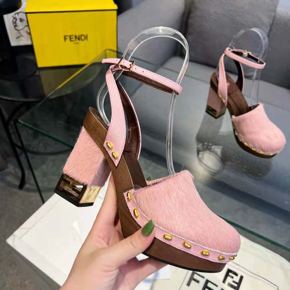 Fendi Women Baguette Show Pink Pony Hair High-Heeled Clogs - image 5