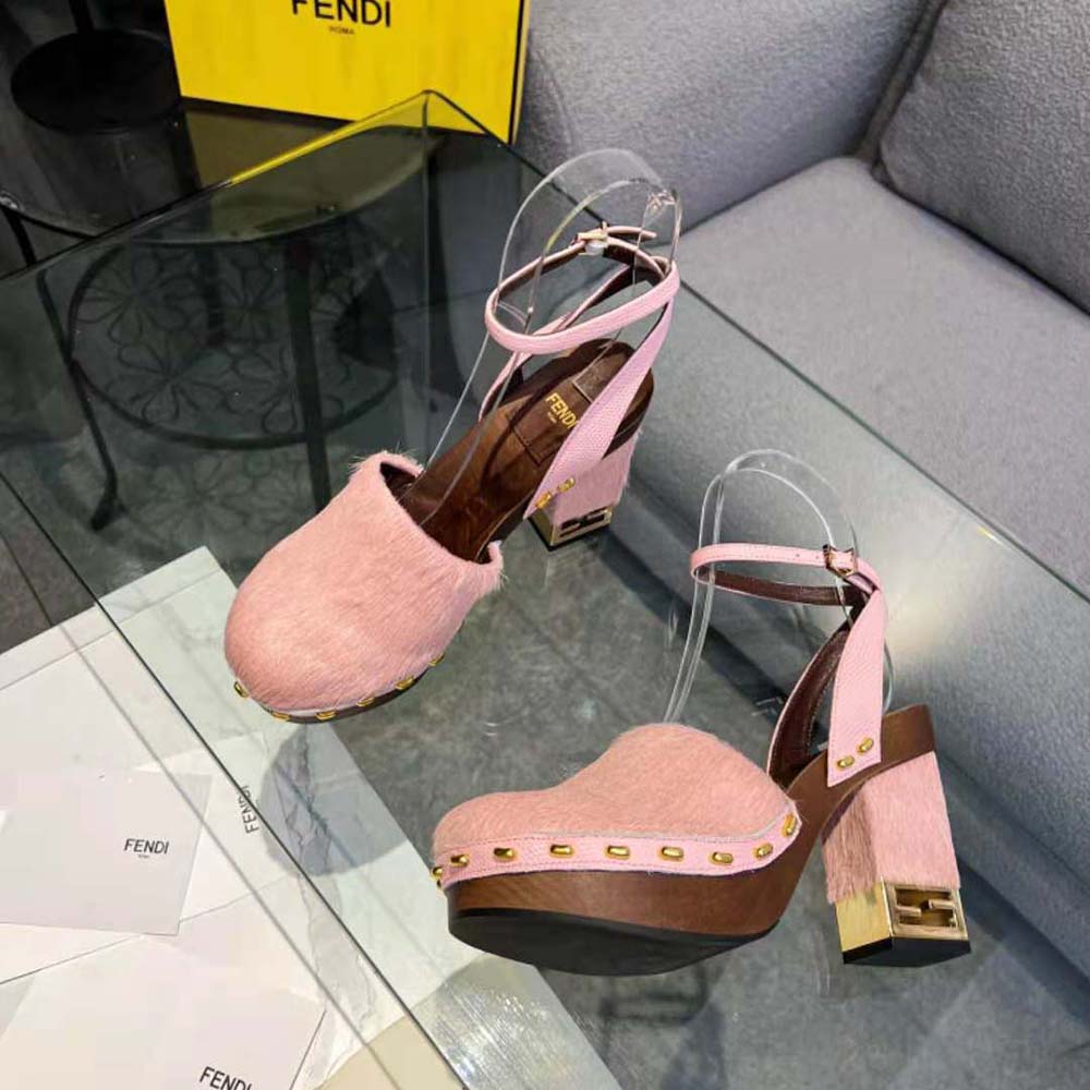 Fendi Women Baguette Show Pink Pony Hair High-Heeled Clogs - image 7
