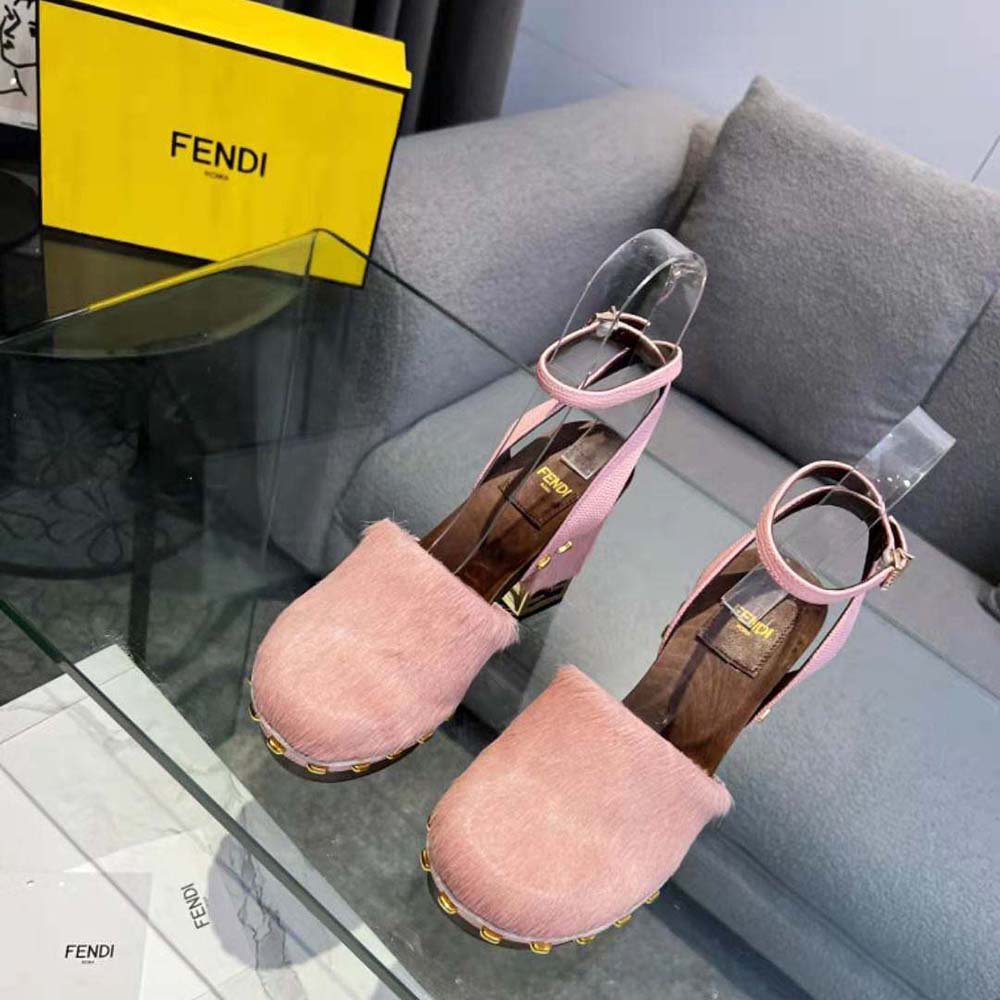 Close-up of pink pony hair and hardware on Fendi Women Baguette Show Clogs