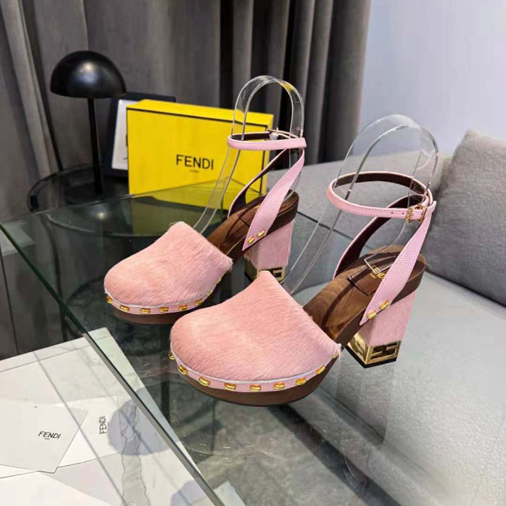 Fendi Women Baguette Show Pink Pony Hair High-Heeled Clogs - image 4