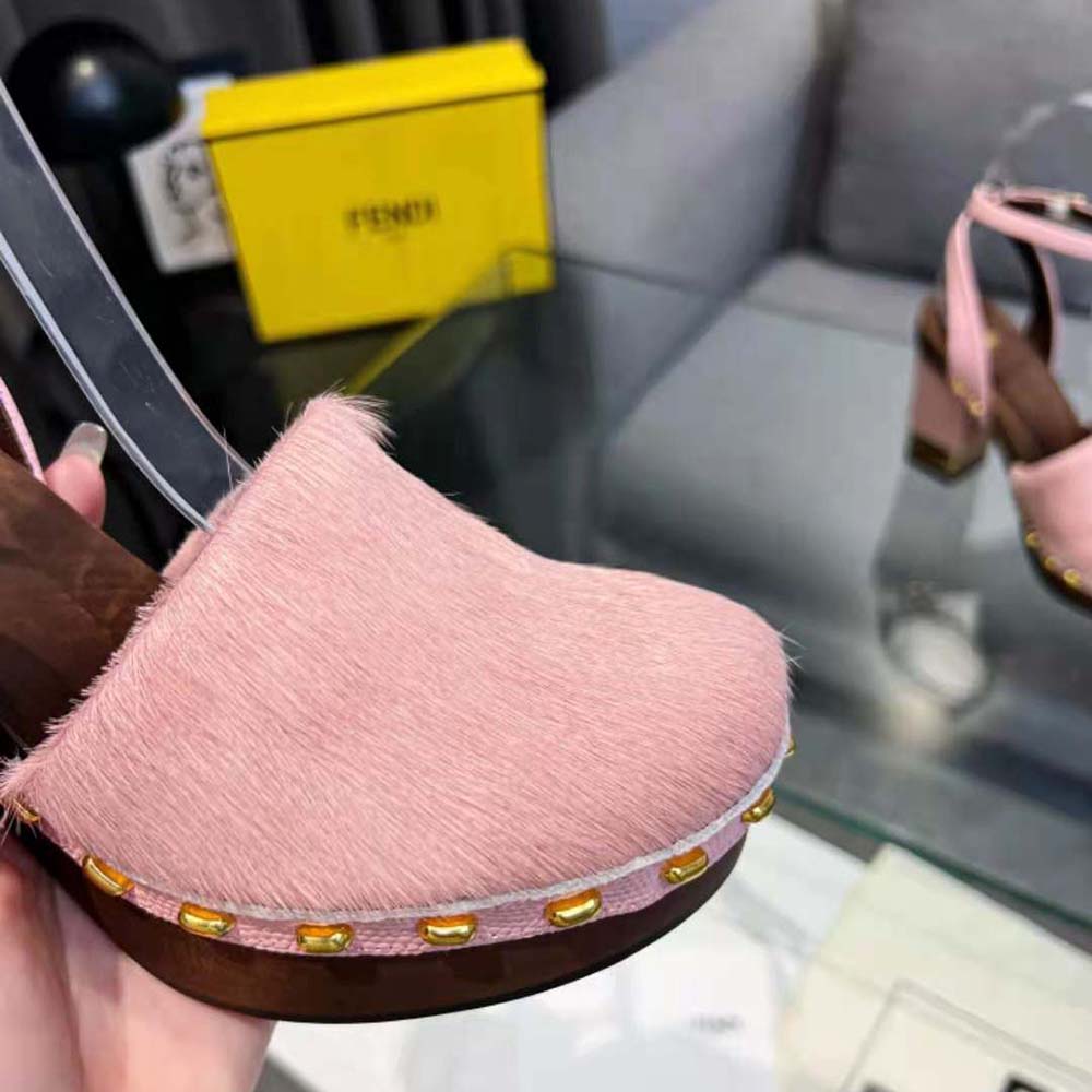 Fendi Women Baguette Show Pink Pony Hair High-Heeled Clogs - image 9