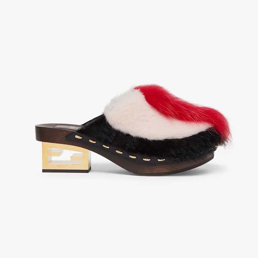 Side view of Fendi Women Baguette Show Red Fox Fur Medium-Heel Clogs