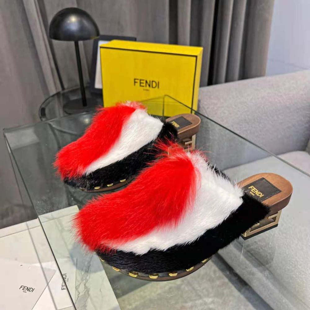Fendi Women Baguette Show Red Fox Fur Medium-Heel Clogs - image 5