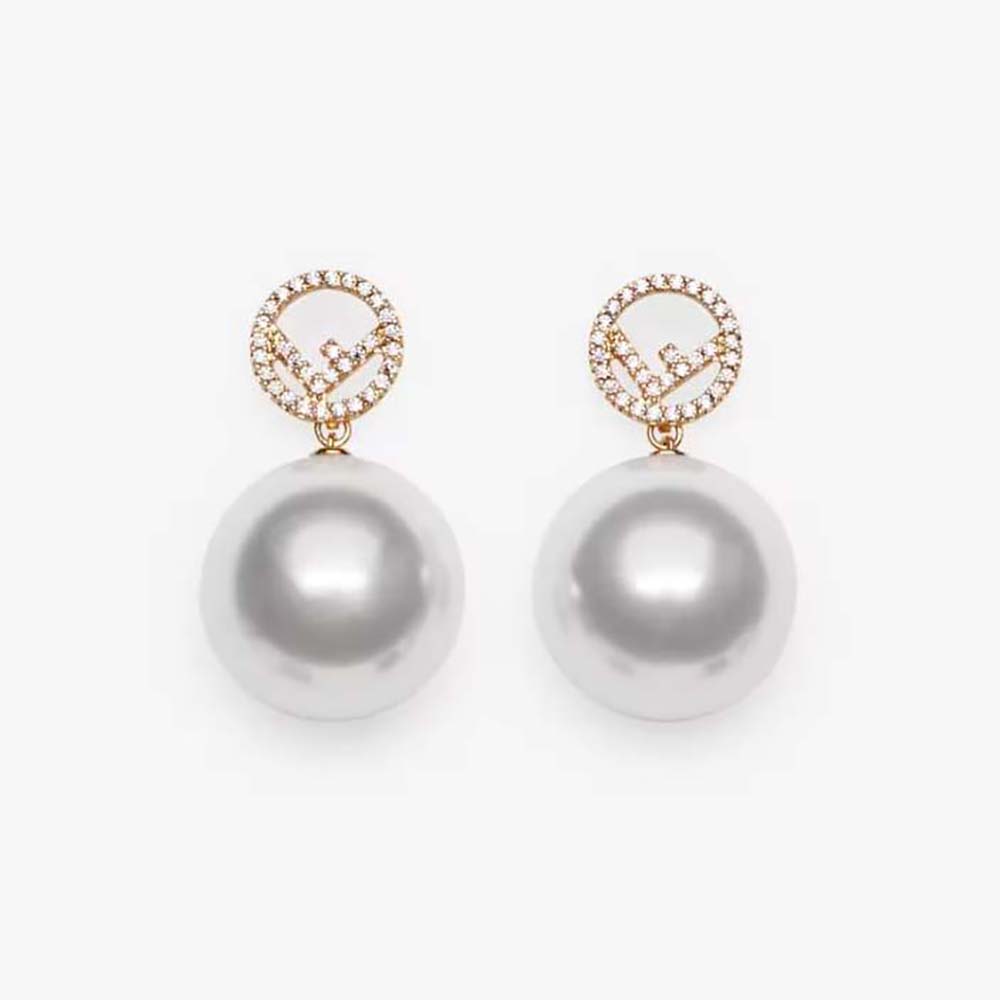 Close-up of Fendi Women F Is Fendi Earrings Gold showing logo detail