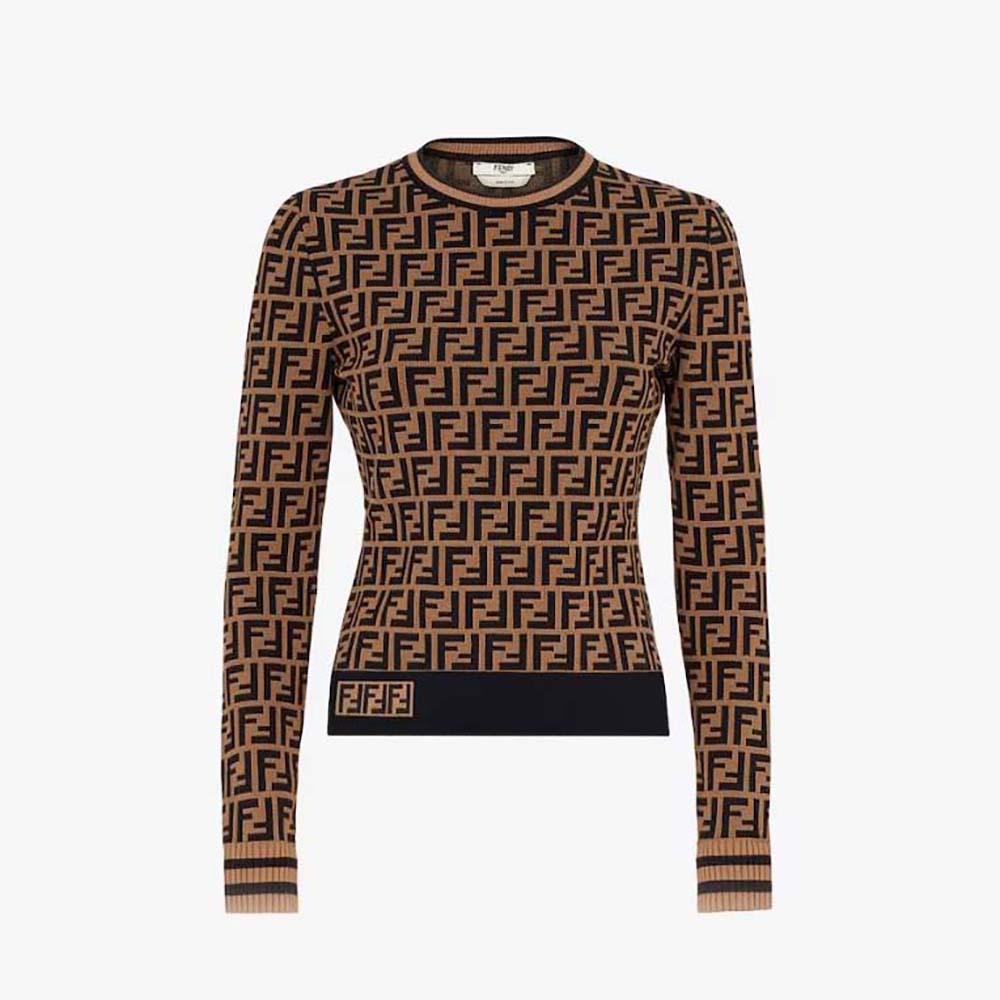 Front view of Fendi Women FF Motif Sweater in rich brown