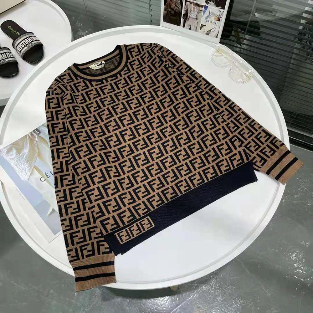 Close-up of embossed FF motif on brown Fendi Women FF Motif Sweater