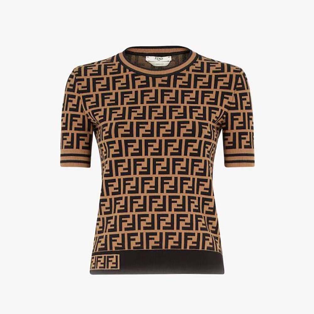 Front view of Fendi Women Fabric FF Motif Sweater in brown