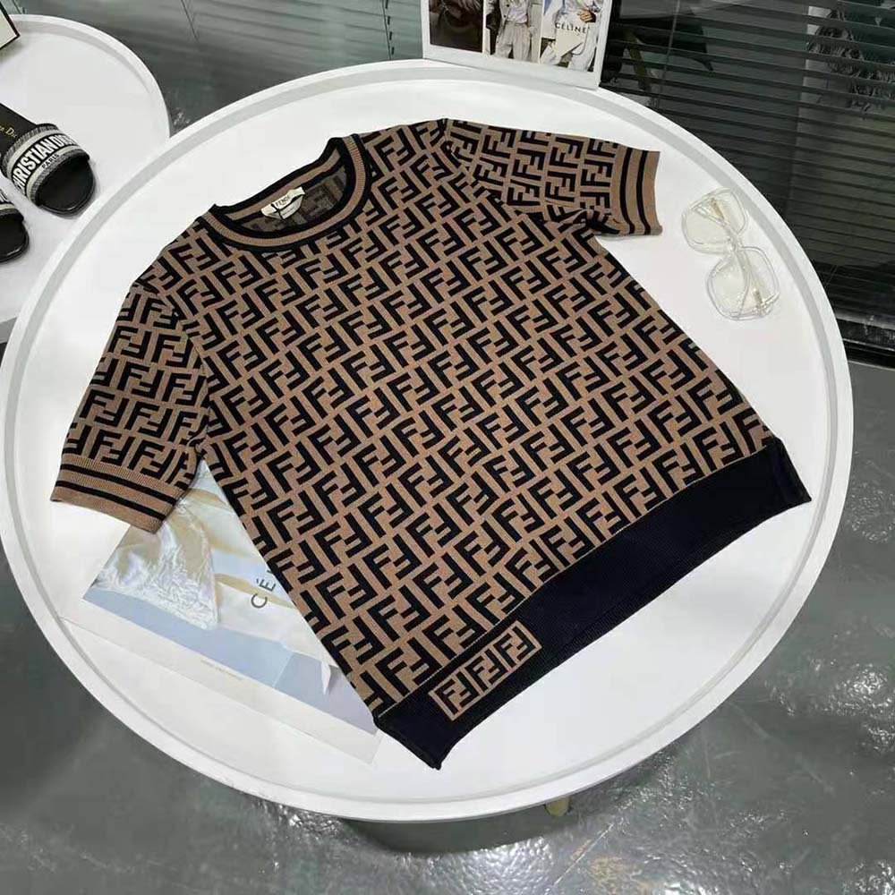 Close-up of brown fabric and FF motif on Fendi Women Fabric FF Motif Sweater