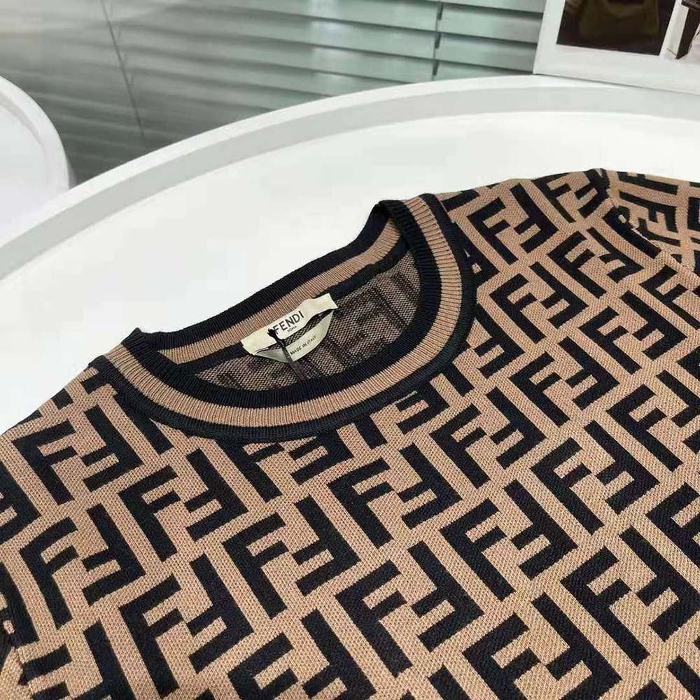 Side angle showing relaxed fit of Fendi Women Fabric FF Motif Sweater