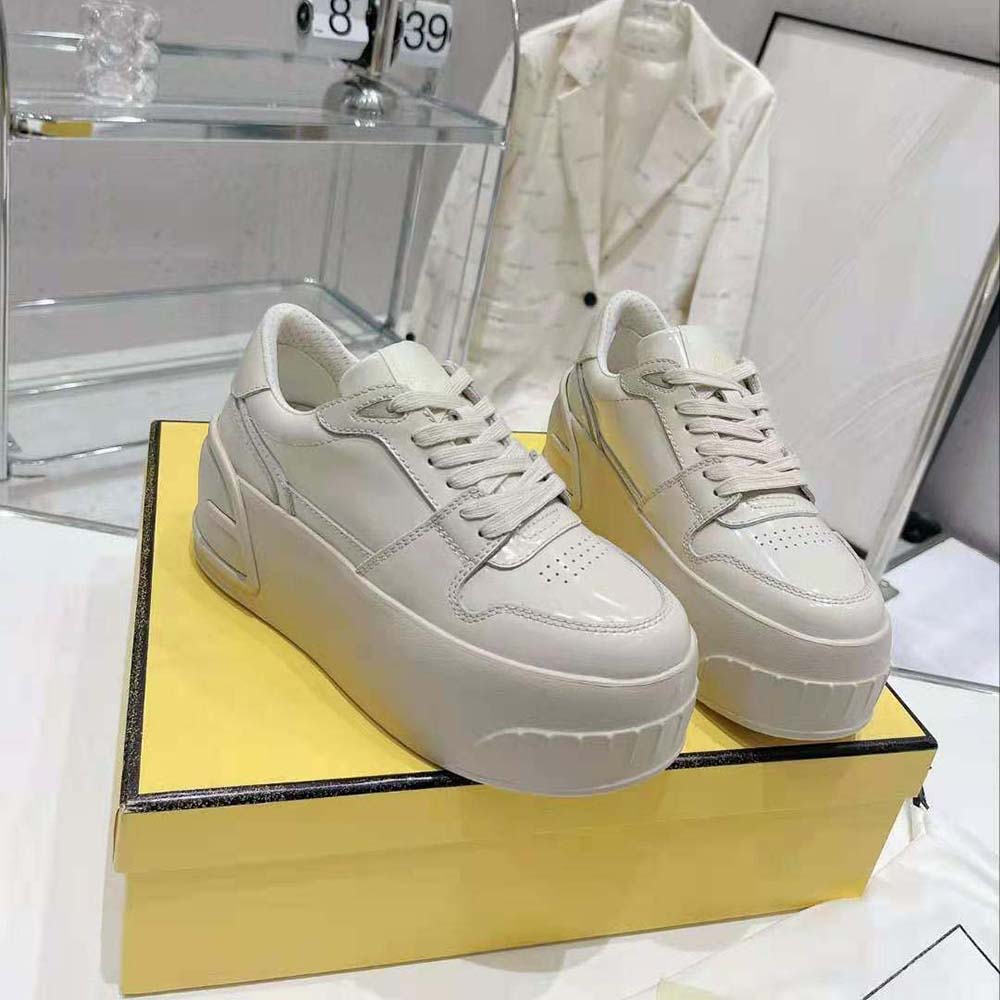 Top view showing lace-up closure of Fendi Women Fashion Show Beige Leather Low-Tops
