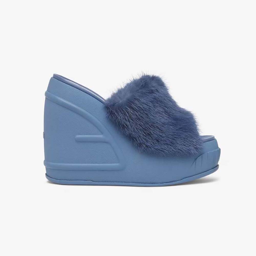 Side view of Fendi Women Fashion Show Blue Mink Slides showing blue fur detail