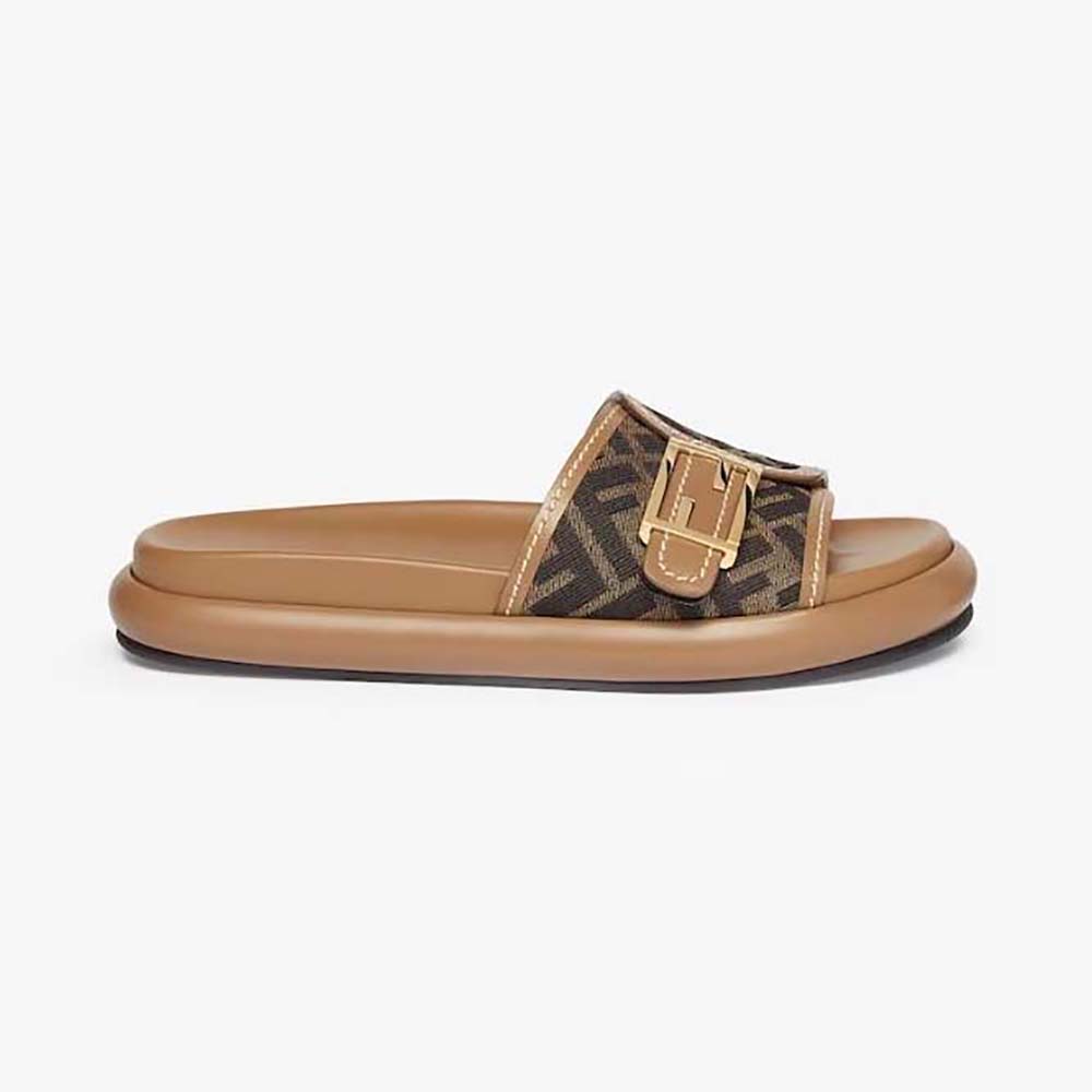 Side view of Fendi Women Feel Brown Fabric Slides showcasing silhouette