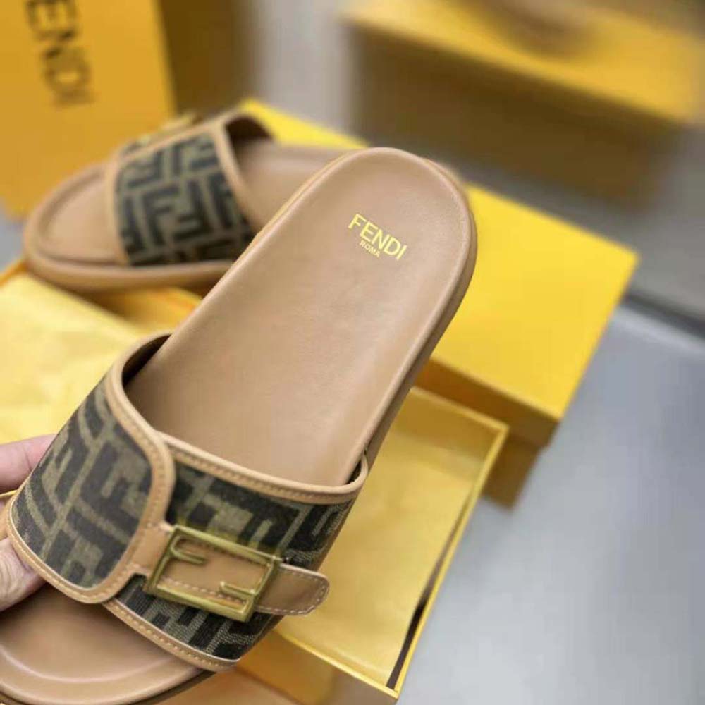Fendi Women Feel Brown Fabric Slides - image 7