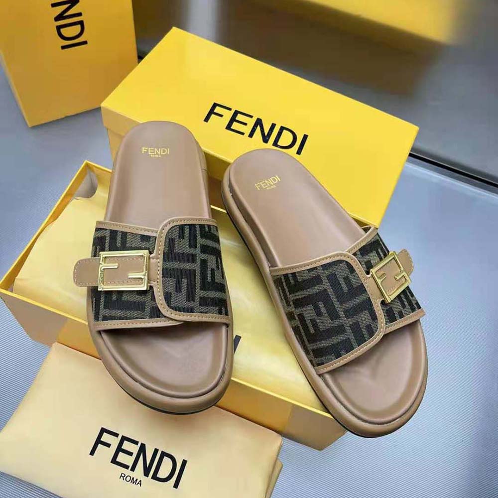 Fendi Women Feel Brown Fabric Slides - image 4