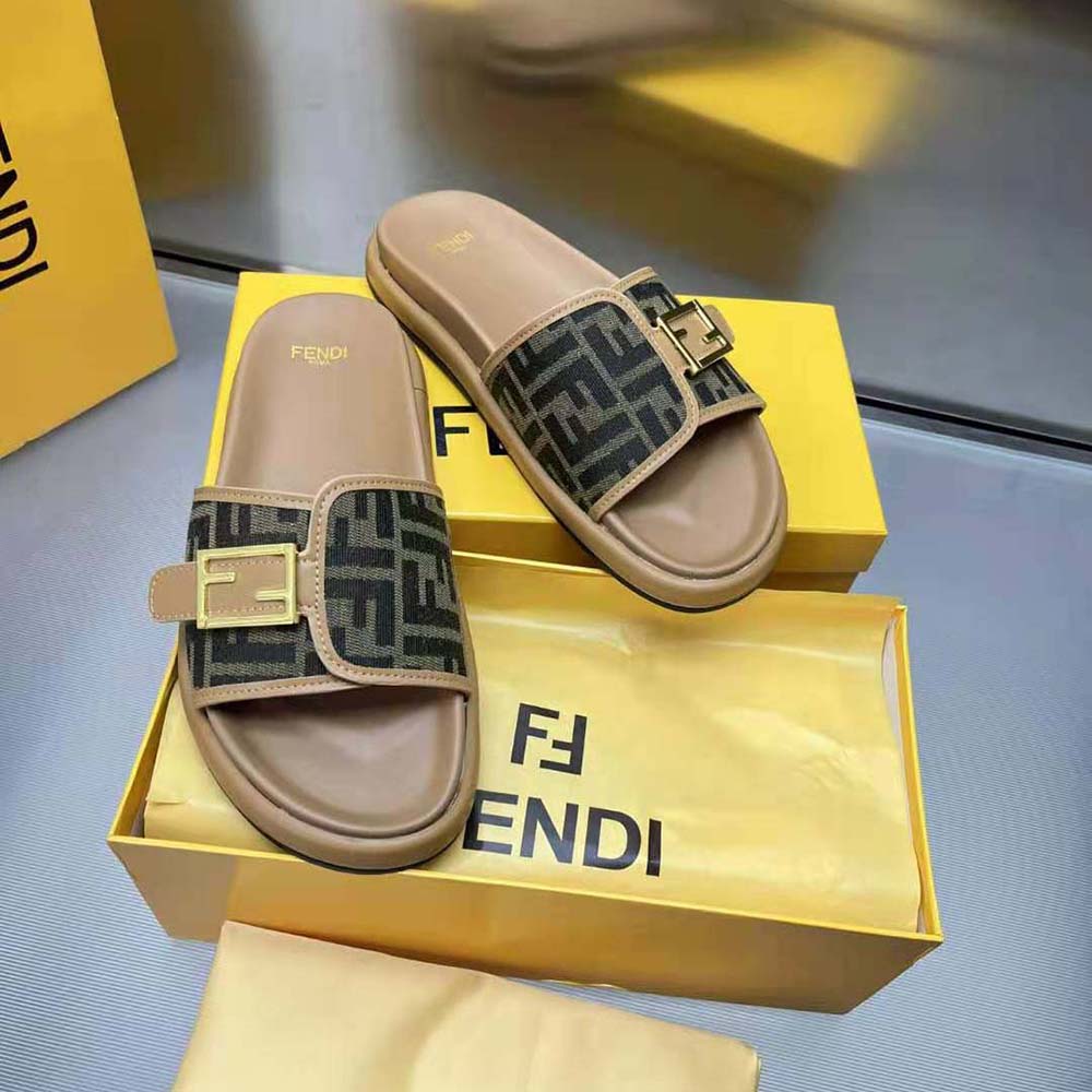 Top-down view of Fendi Women Feel Brown Fabric Slides with cushioned footbed