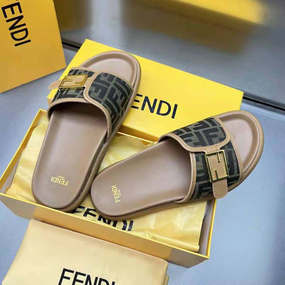 Fendi Women Feel Brown Fabric Slides - image 6