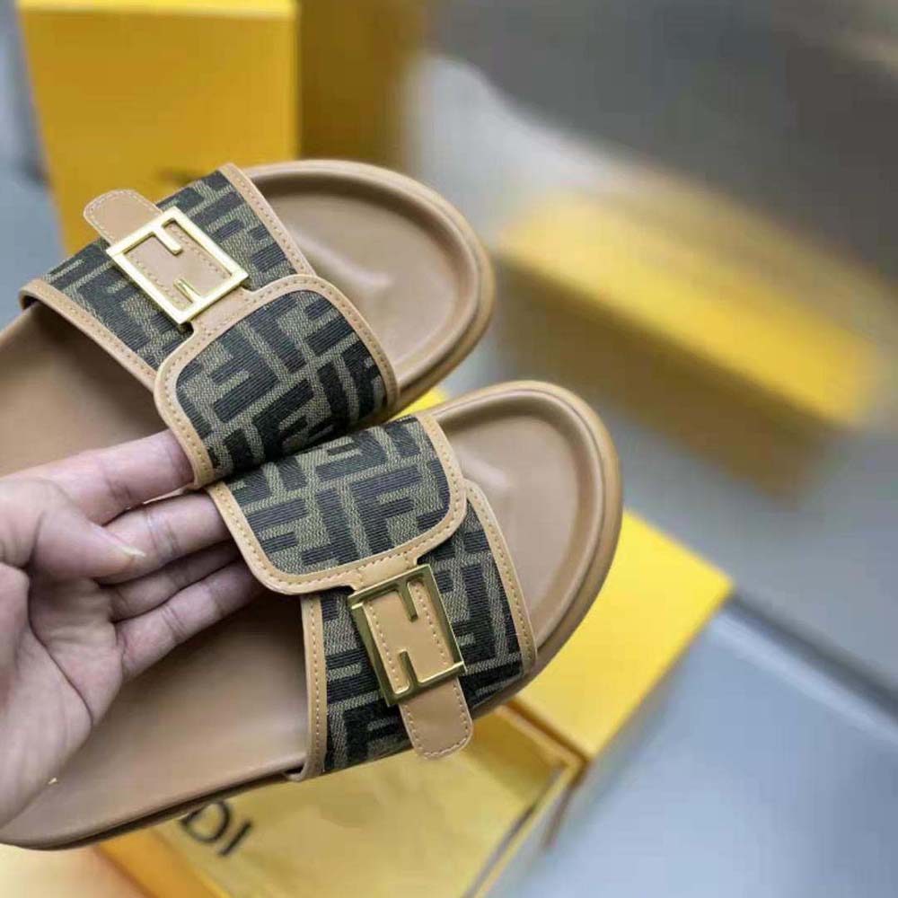 Fendi Women Feel Brown Fabric Slides - image 8
