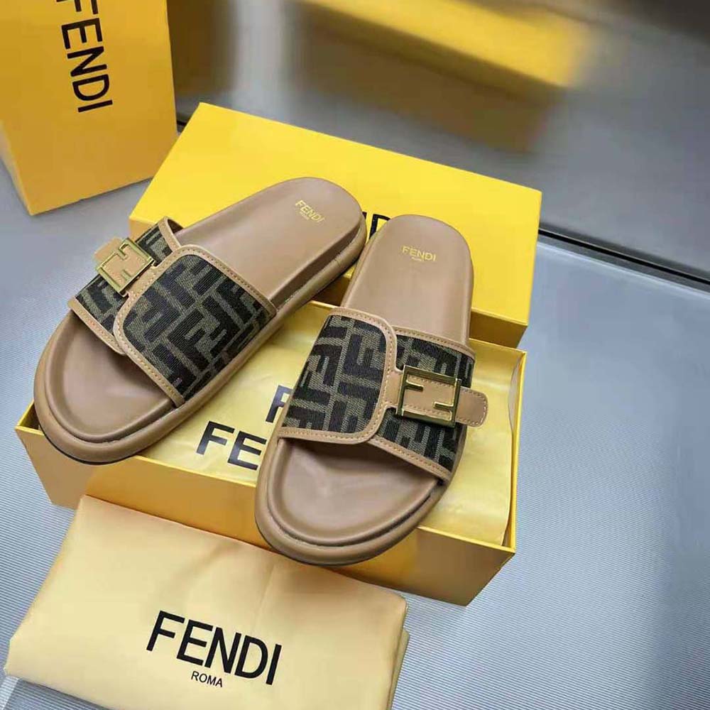 Fendi Women Feel Brown Fabric Slides - image 5