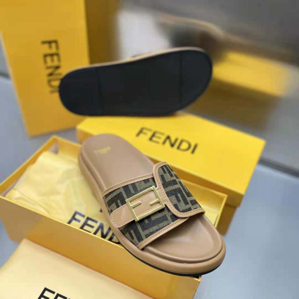 Fendi Women Feel Brown Fabric Slides - image 10
