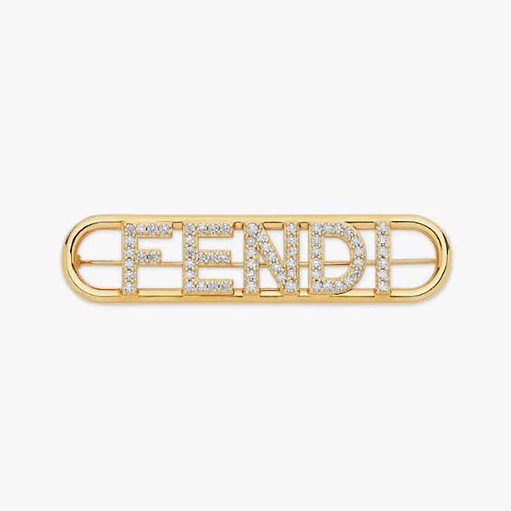 Close-up of Fendi Women Fendigraphy Brooch Gold Coloured showing gold logo detail