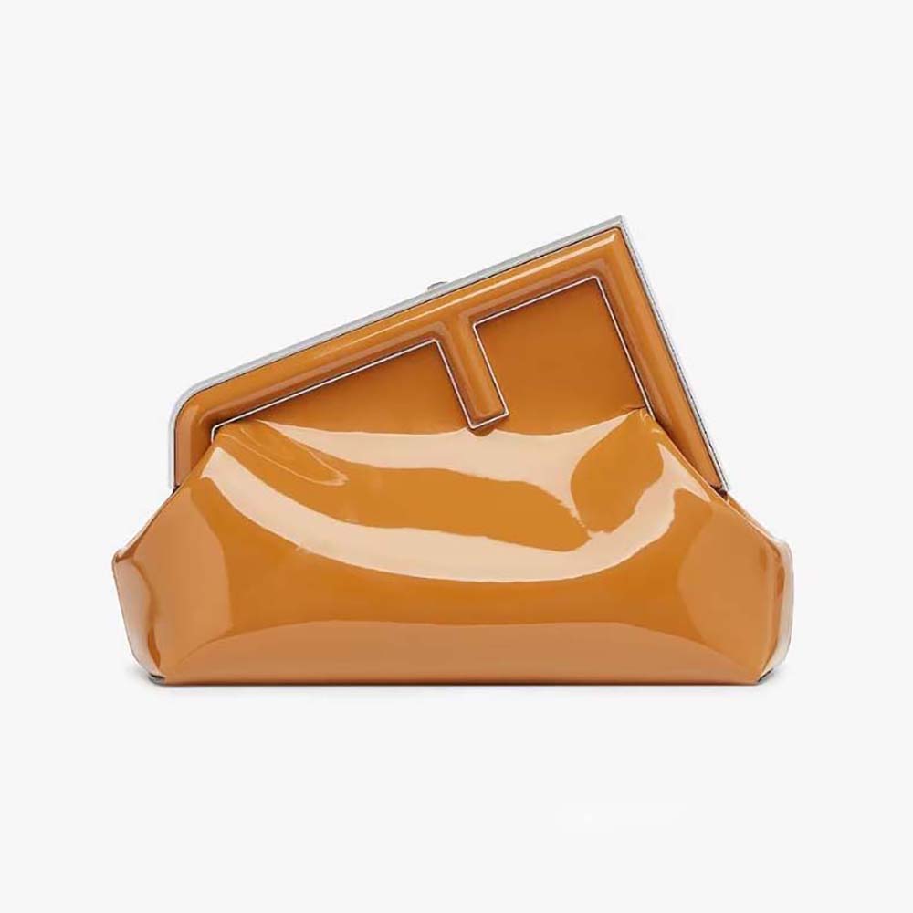 Front view of Fendi Women First Midi Brown Patent Leather Bag with gold hardware
