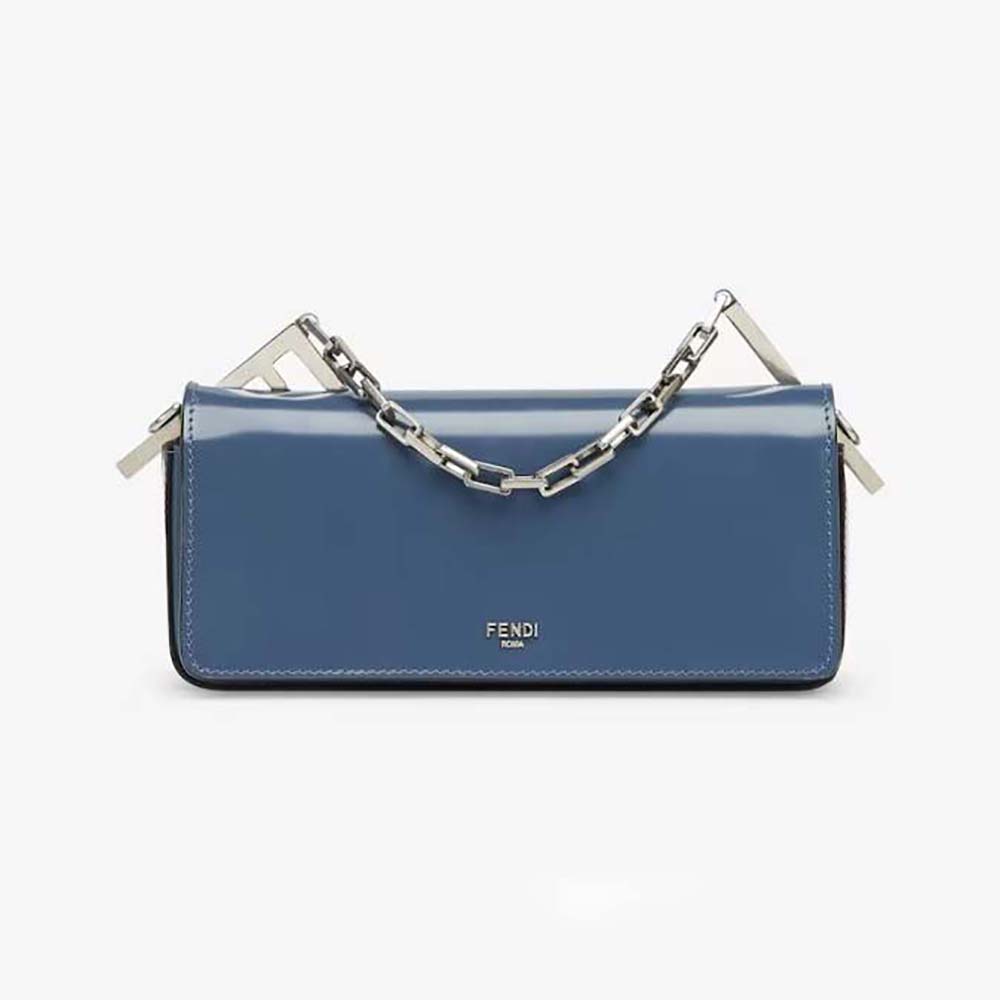 Front view of Fendi Women First Sight Blue Leather Mini Bag highlighting flap closure