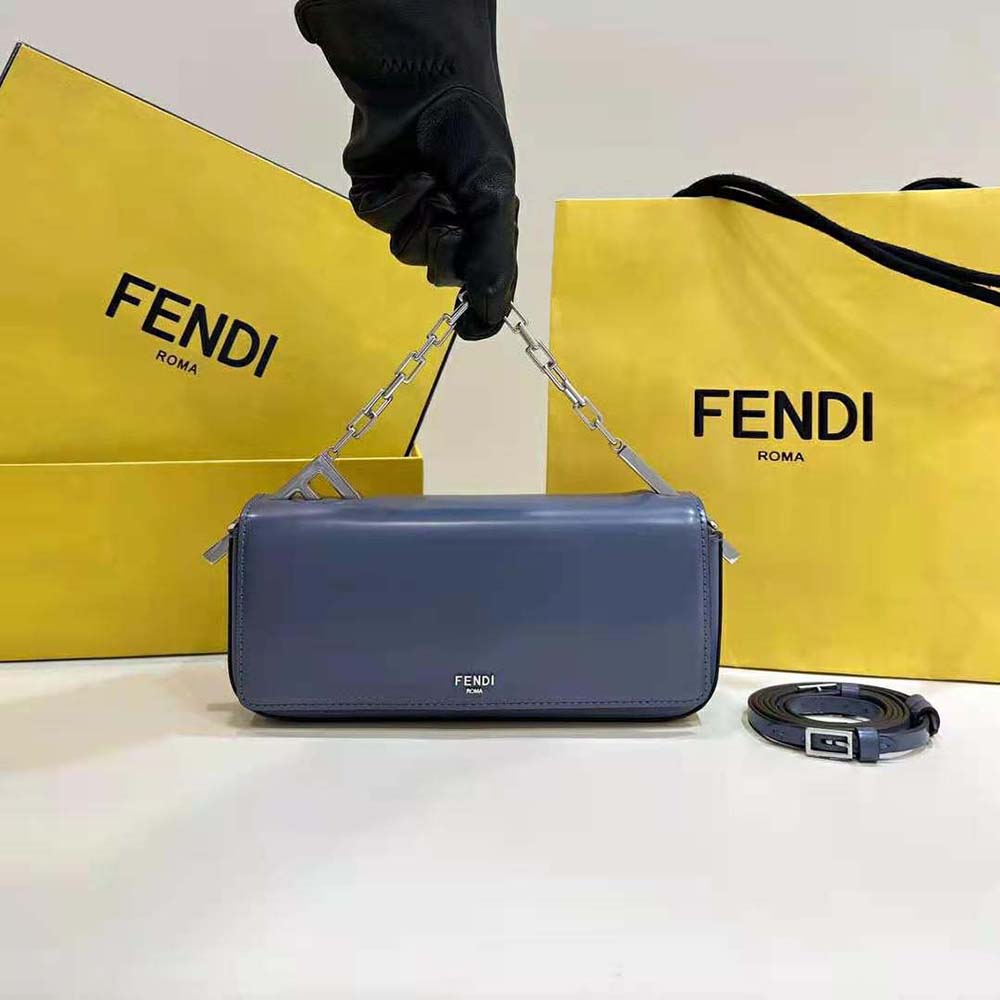 Close-up of gold-tone hardware on Fendi Women First Sight Blue Leather Mini Bag