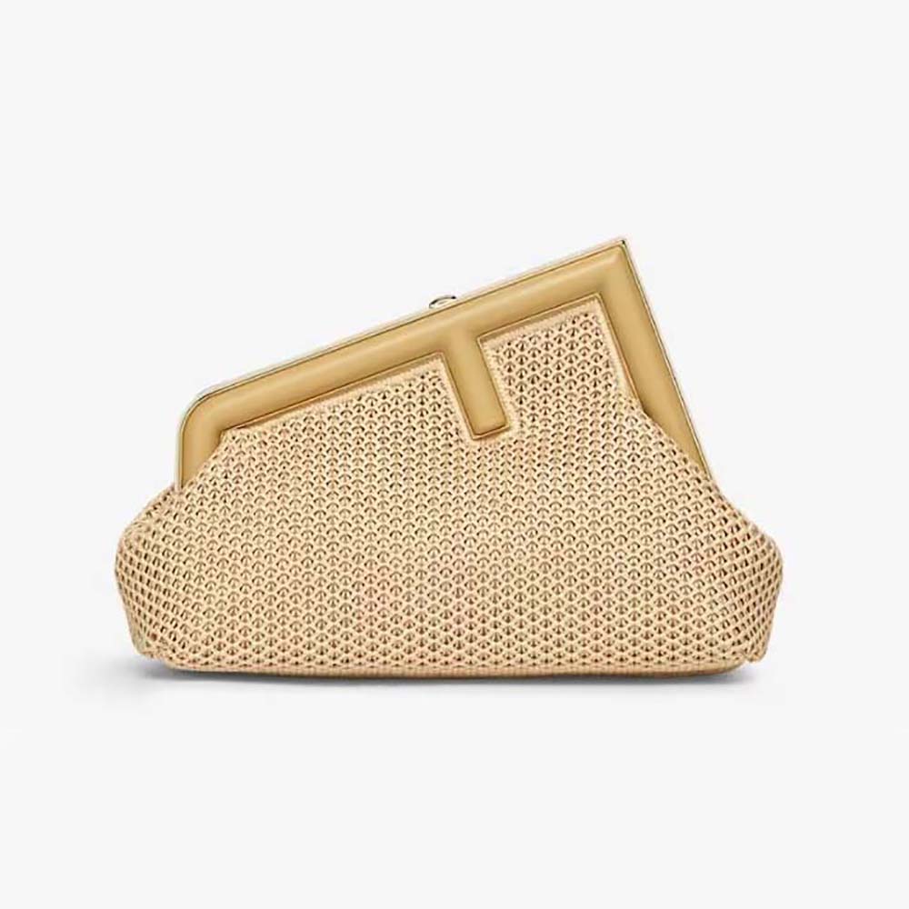Front view of Fendi Women First Small Beige Raffia Macrame Bag showing gold hardware