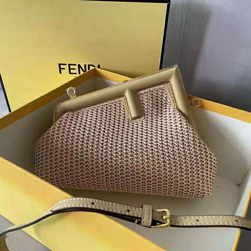 Close-up detail of macrame weaving on Fendi Women First Small Beige Raffia Macrame Bag