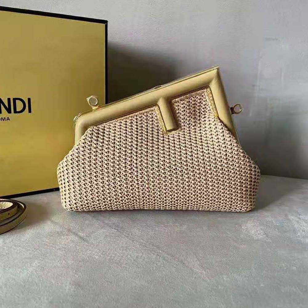Side angle of Fendi Women First Small Beige Raffia Macrame Bag highlighting compact silhouette