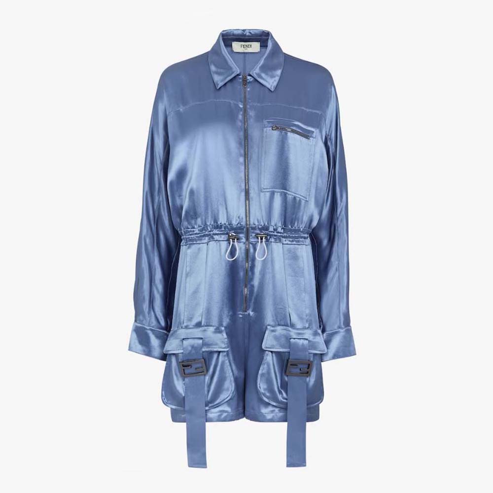 Front view of Fendi Women Jumpsuit Playsuit in Blue Viscose Satin