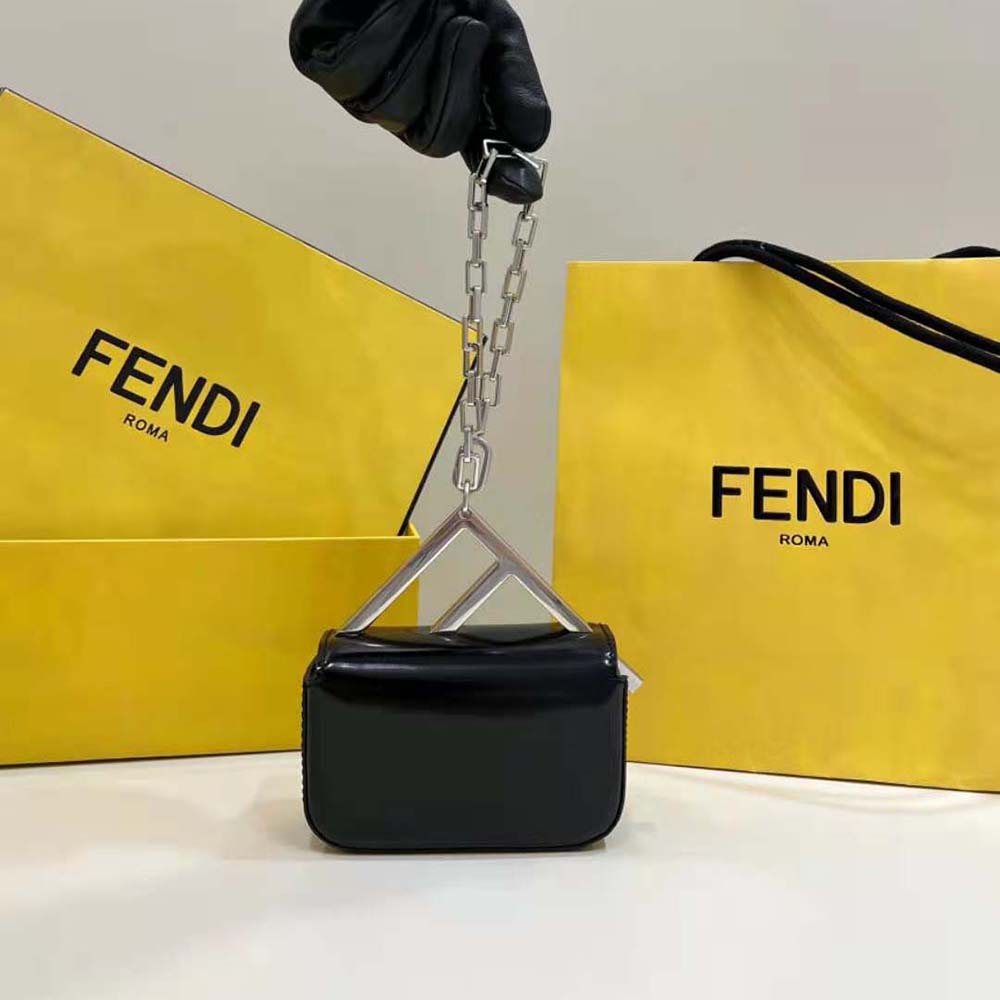 Side angle showing slim profile of Fendi Women Nano Bag F Black Leather