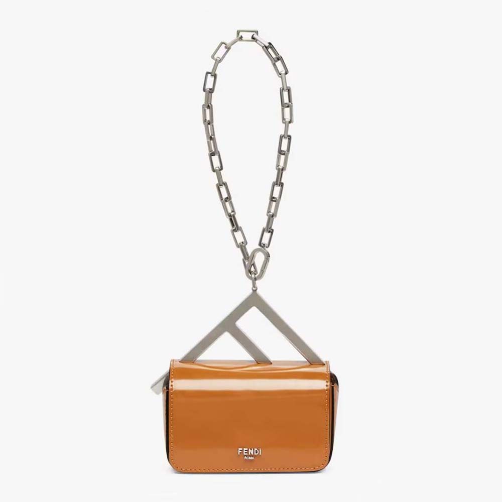 Front view of Fendi Women Nano Bag F Brown Leather Mini-Bag with flap closed