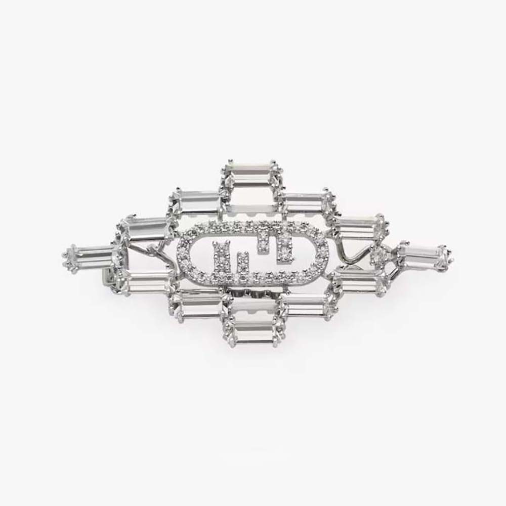 Close-up of Fendi Women O’Lock Brooch Silver Coloured showing polished finish