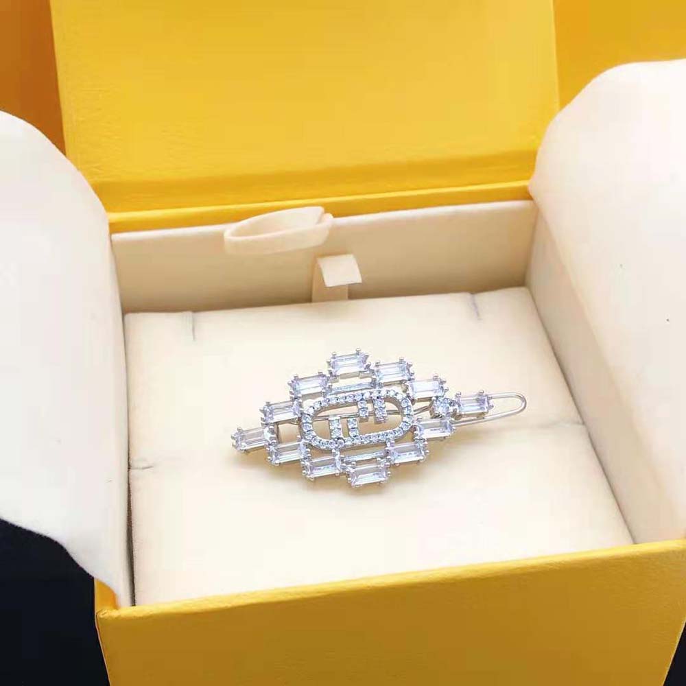 Front view of Fendi Women O’Lock Brooch Silver Coloured with signature detail