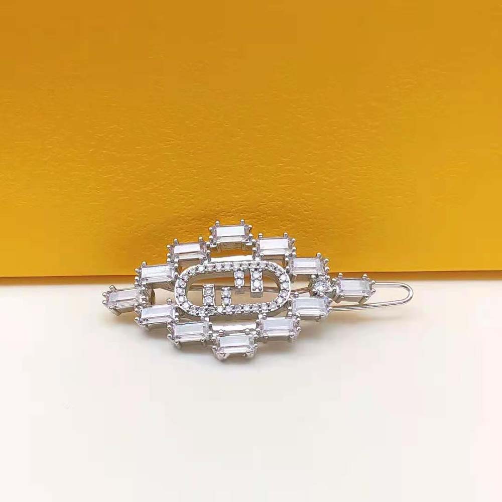 Side angle of Fendi Women O’Lock Brooch Silver Coloured pin closure