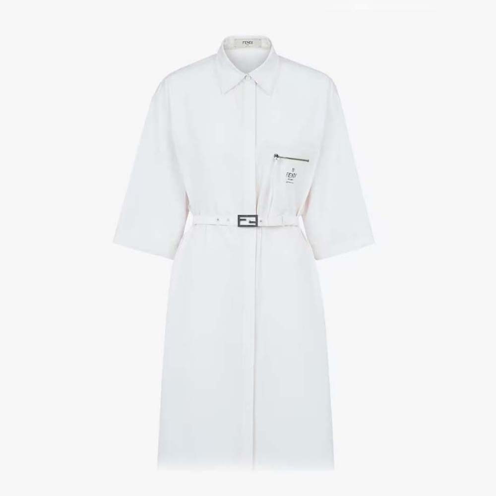 Front view of Fendi Women White Cotton Dress with pointed collar