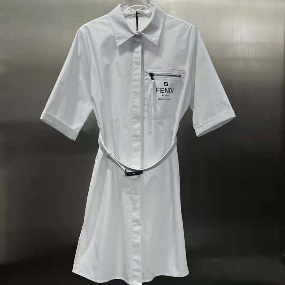Close-up of wide elbow-length sleeves on Fendi Women White Cotton Dress