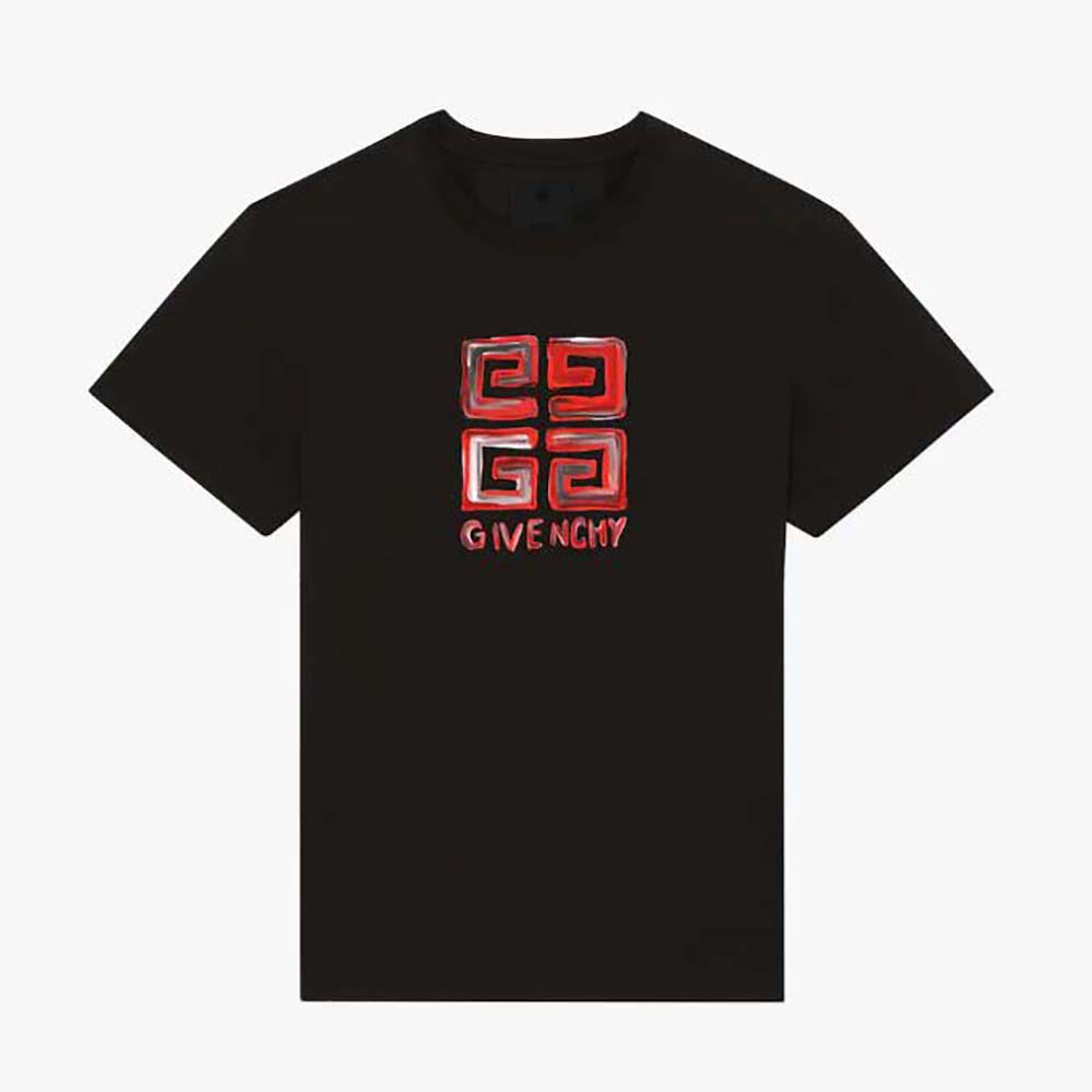Front view of Givenchy Men 4G Givenchy Slim Fit T-shirt-Black/red showing logo