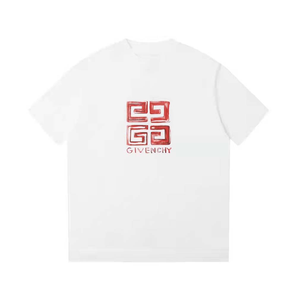 Close-up detail of the 4G Givenchy emblem on white slim fit t-shirt