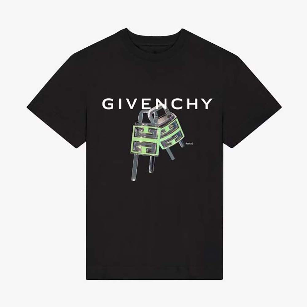 Front view of Givenchy Men Givenchy 4g Lock Slim Fit T-shirt-Black
