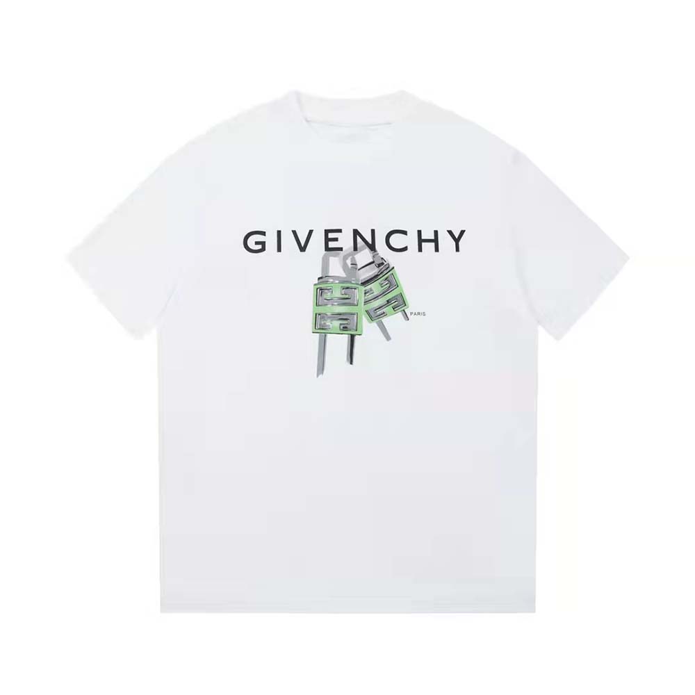 Close-up detail of silver 4G lock on white Givenchy slim fit T-shirt