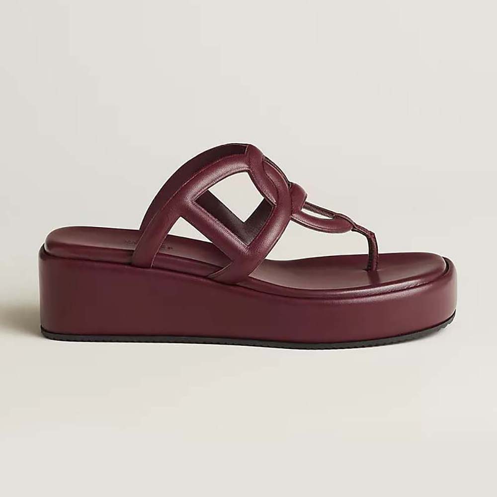 Side view of Hermes Women Gipsy Sandal in maroon nappa leather