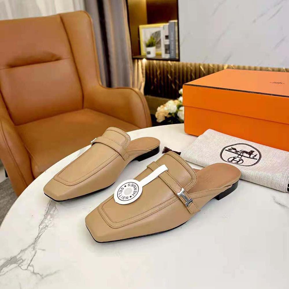Top view showing smooth goatskin and slip-on design of Hermes Groupie Mule
